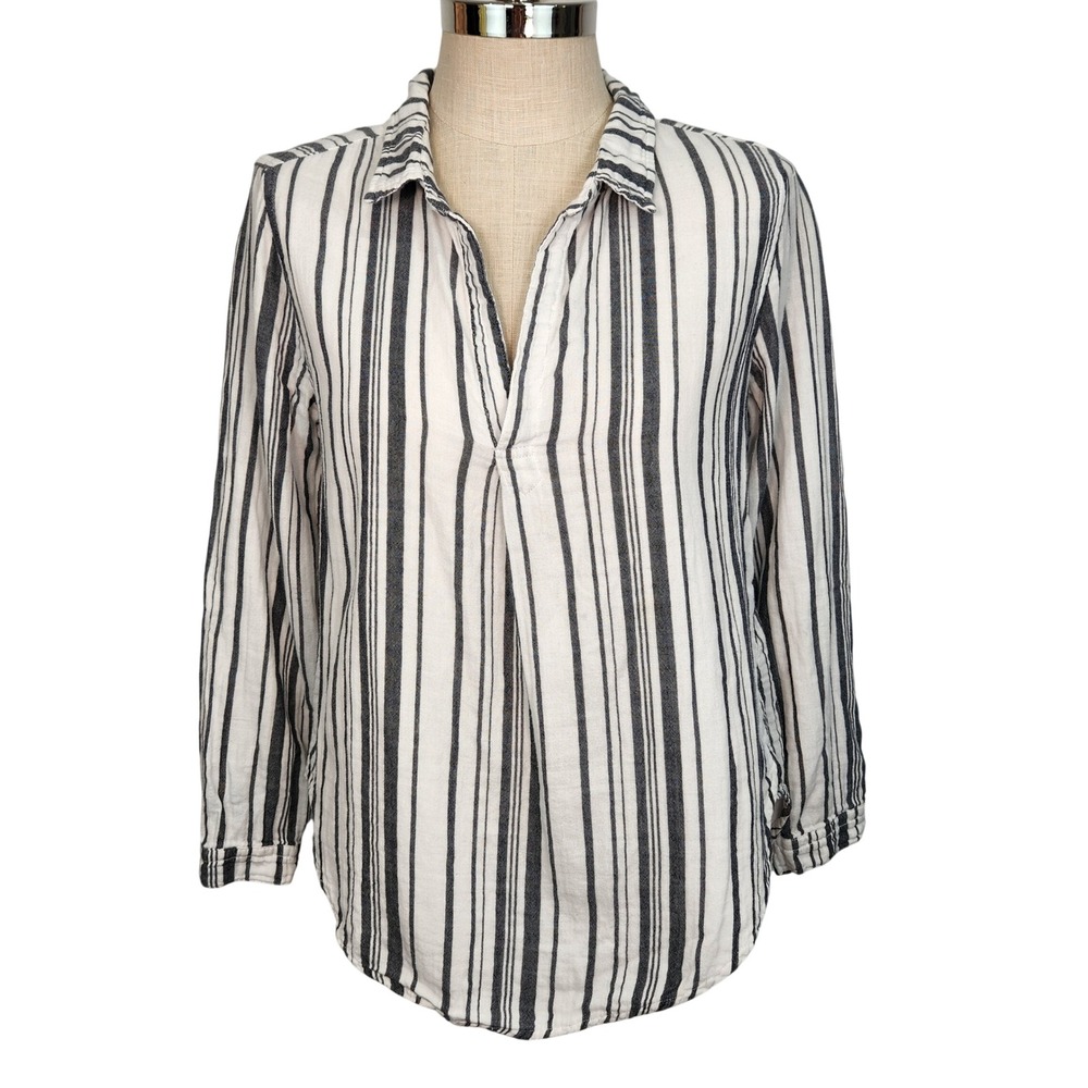 Dylan Striped V Neck Popover Top S Black White Casual Cotton Double Layer Gauze